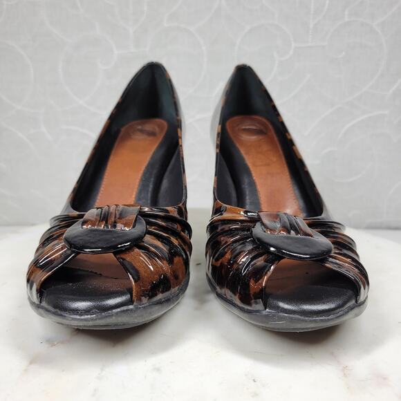 VTG Nurture Drake Leopard Heels Womens 8 Brown Patent Leather Peep Toe Pumps - Picture 5 of 13
